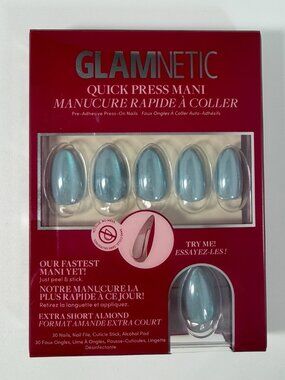 NEW Glamnetic Ocean Prism Quick Press Mani Blue Chrome Almond Nails NIB